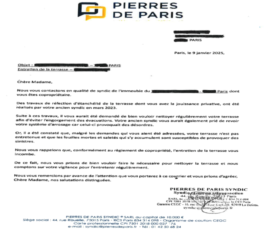 PIERRES DE PARIS : son imputation irrégulière à une copropriétaire d’une mise en demeure
