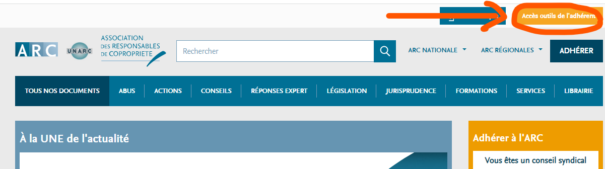 page d'accueil ARC accès outils adhérents en haut à droite